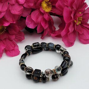 Black Glass Wrap Bracelet Glass Art Mutiple Shapes Gold Tone Spacers 8" Adj.